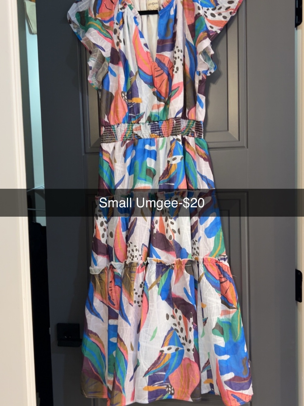 Umgee Multicolor Floral Abstract Tiered Dress — Blue, Pink, Green, Orange, Cream